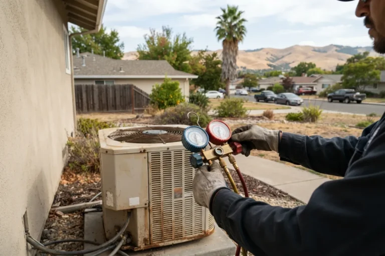Technician checking refrigerant pressure on an outdoor AC unit